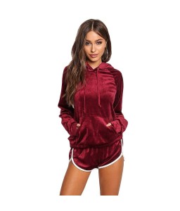 Women Velvet Tracksuit Set Long Sleeve Hoodie Sweat Suits Drawstring Sweatshirt Shorts Two Piece