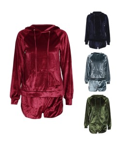 Women Velvet Tracksuit Set Long Sleeve Hoodie Sweat Suits Drawstring Sweatshirt Shorts Two Piece