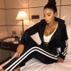 Women Two-Piece Set Hooded Hoodie Pants Stripes Long Sleeves Zipper Elastic Waist Casual Sportswear Top Trousers