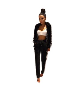 Women Two-Piece Set Hooded Hoodie Pants Stripes Long Sleeves Zipper Elastic Waist Casual Sportswear Top Trousers