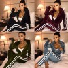 Women Two-Piece Set Hooded Hoodie Pants Stripes Long Sleeves Zipper Elastic Waist Casual Sportswear Top Trousers