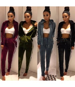 Women Two-Piece Set Hooded Hoodie Pants Stripes Long Sleeves Zipper Elastic Waist Casual Sportswear Top Trousers