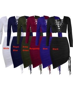 Sexy Women Two-piece Set Deep V Neck Crop Top Long Sleeve Bandage Asymmetric Bodycon Skirt Suits Party Clubwear