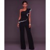 Sexy Women Jumpsuit One-Shoulder Ruffles Sleeveless Wide Legs Elegant Casual Romper