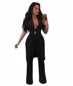 Women Two Piece Set Long Vest V-Neck Sleeveless Flare Pants Casual Coat Trousers Set Solid Outfit Outerwear