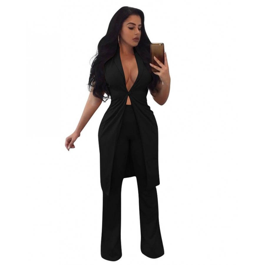 Women Two Piece Set Long Vest V-Neck Sleeveless Flare Pants Casual Coat Trousers Set Solid Outfit Outerwear