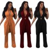 Women Two Piece Set Long Vest V-Neck Sleeveless Flare Pants Casual Coat Trousers Set Solid Outfit Outerwear