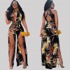 Sexy Women Jumpsuit Romper Leaf Print High Split Deep V-Neck Sleeveless Backless Club Bandage Bodysuit Playsuit