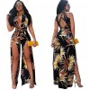 Sexy Women Jumpsuit Romper Leaf Print High Split Deep V-Neck Sleeveless Backless Club Bandage Bodysuit Playsuit