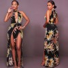 Sexy Women Jumpsuit Romper Leaf Print High Split Deep V-Neck Sleeveless Backless Club Bandage Bodysuit Playsuit