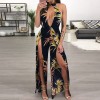 Sexy Women Jumpsuit Romper Leaf Print High Split Deep V-Neck Sleeveless Backless Club Bandage Bodysuit Playsuit