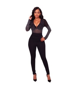 Sexy Bodycon Women Bodysuit Romper Sheer Mesh Rhinestone Deep V-neck Long Sleeves Club Jumpsuit Playsuit