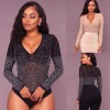 Sexy Bodycon Women Bodysuit Romper Sheer Mesh Rhinestone Deep V-neck Long Sleeves Club Jumpsuit Playsuit