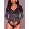 Sexy Bodycon Women Bodysuit Romper Sheer Mesh Rhinestone Deep V-neck Long Sleeves Club Jumpsuit Playsuit