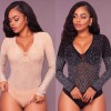 Sexy Bodycon Women Bodysuit Romper Sheer Mesh Rhinestone Deep V-neck Long Sleeves Club Jumpsuit Playsuit