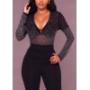 Sexy Bodycon Women Bodysuit Romper Sheer Mesh Rhinestone Deep V-neck Long Sleeves Club Jumpsuit Playsuit