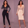 Sexy Bodycon Women Bodysuit Romper Sheer Mesh Rhinestone Deep V-neck Long Sleeves Club Jumpsuit Playsuit