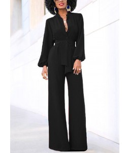 Women Jumpsuit Solid Color Stand Collar Long Sleeve Buttons High Elastic Waist Tie Wide Legs Party Wear