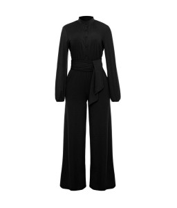 Women Jumpsuit Solid Color Stand Collar Long Sleeve Buttons High Elastic Waist Tie Wide Legs Party Wear