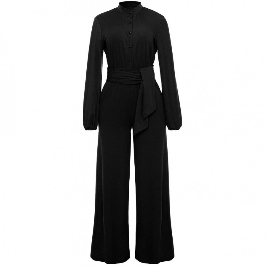 Women Jumpsuit Solid Color Stand Collar Long Sleeve Buttons High Elastic Waist Tie Wide Legs Party Wear