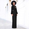 Women Jumpsuit Solid Color Stand Collar Long Sleeve Buttons High Elastic Waist Tie Wide Legs Party Wear