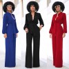 Women Jumpsuit Solid Color Stand Collar Long Sleeve Buttons High Elastic Waist Tie Wide Legs Party Wear