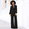 Women Jumpsuit Solid Color Stand Collar Long Sleeve Buttons High Elastic Waist Tie Wide Legs Party Wear