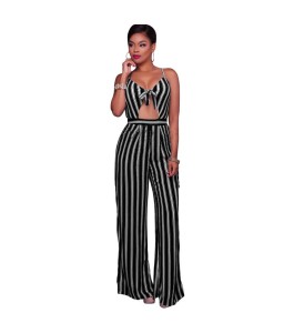 Women Jumpsuit Romper Spaghetti Strap Striped Lace Up Summer Overalls Backless Sexy Playsuit