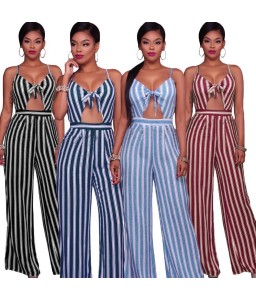 Women Jumpsuit Romper Spaghetti Strap Striped Lace Up Summer Overalls Backless Sexy Playsuit