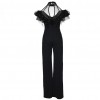 New Sexy Women Cold Shoulder Wide Leg Jumpsuit Sheer Mesh Ruffle Clubwear Romper Overall Black