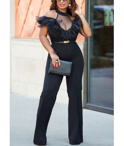 New Sexy Women Cold Shoulder Wide Leg Jumpsuit Sheer Mesh Ruffle Clubwear Romper Overall Black