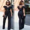 New Sexy Women Cold Shoulder Wide Leg Jumpsuit Sheer Mesh Ruffle Clubwear Romper Overall Black