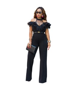 New Sexy Women Cold Shoulder Wide Leg Jumpsuit Sheer Mesh Ruffle Clubwear Romper Overall Black