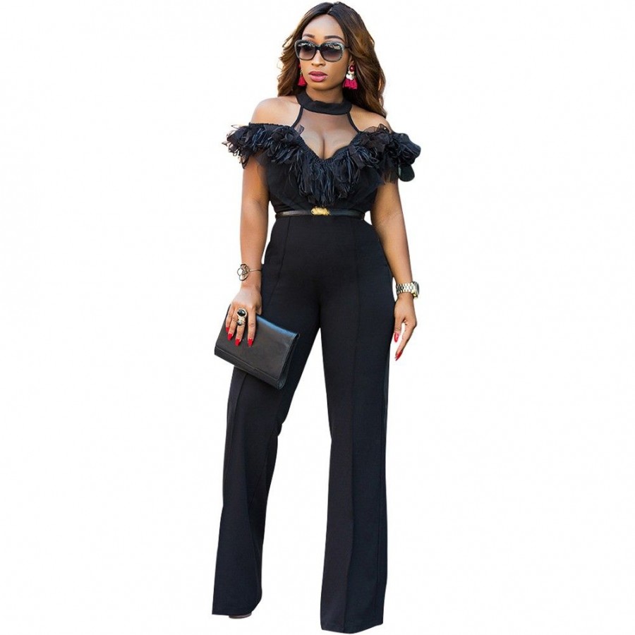 New Sexy Women Cold Shoulder Wide Leg Jumpsuit Sheer Mesh Ruffle Clubwear Romper Overall Black