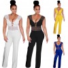 Women Wide Leg Jumpsuit Deep V Neck Hollow Out Crocheted Lace High Waist Casual Playsuit Rompers