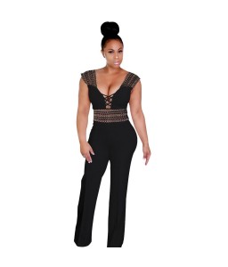 Women Wide Leg Jumpsuit Deep V Neck Hollow Out Crocheted Lace High Waist Casual Playsuit Rompers