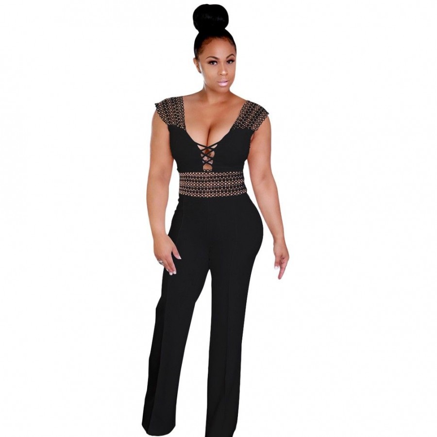 Women Wide Leg Jumpsuit Deep V Neck Hollow Out Crocheted Lace High Waist Casual Playsuit Rompers