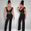 Women Wide Leg Jumpsuit Deep V Neck Hollow Out Crocheted Lace High Waist Casual Playsuit Rompers