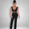 Women Wide Leg Jumpsuit Deep V Neck Hollow Out Crocheted Lace High Waist Casual Playsuit Rompers