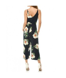 New Sexy Women Strap Jumpsuit Floral Print V-Neck Backless Belted Wide Leg Boho Playsuit Rompers Blue