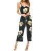 New Sexy Women Strap Jumpsuit Floral Print V-Neck Backless Belted Wide Leg Boho Playsuit Rompers Blue