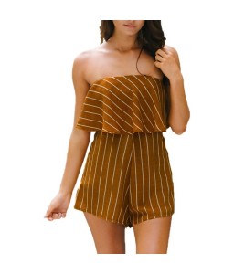 New Women Summer Stripe Print Playsuit Off Shoulder overalls  Holiday Beach Romper Jumpsuit Yellow