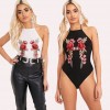 Sexy Women Bodysuit Stretch Floral Embroidery Halter Sleeveless Backless Jumpsuit Leotard Clubwear Black/White