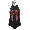 Sexy Women Bodysuit Stretch Floral Embroidery Halter Sleeveless Backless Jumpsuit Leotard Clubwear Black/White