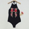 Sexy Women Bodysuit Stretch Floral Embroidery Halter Sleeveless Backless Jumpsuit Leotard Clubwear Black/White