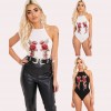 Sexy Women Bodysuit Stretch Floral Embroidery Halter Sleeveless Backless Jumpsuit Leotard Clubwear Black/White