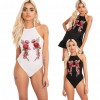 Sexy Women Bodysuit Stretch Floral Embroidery Halter Sleeveless Backless Jumpsuit Leotard Clubwear Black/White