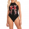 Sexy Women Bodysuit Stretch Floral Embroidery Halter Sleeveless Backless Jumpsuit Leotard Clubwear Black/White