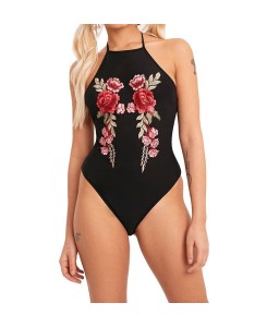 Sexy Women Bodysuit Stretch Floral Embroidery Halter Sleeveless Backless Jumpsuit Leotard Clubwear Black/White