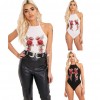 Sexy Women Bodysuit Stretch Floral Embroidery Halter Sleeveless Backless Jumpsuit Leotard Clubwear Black/White